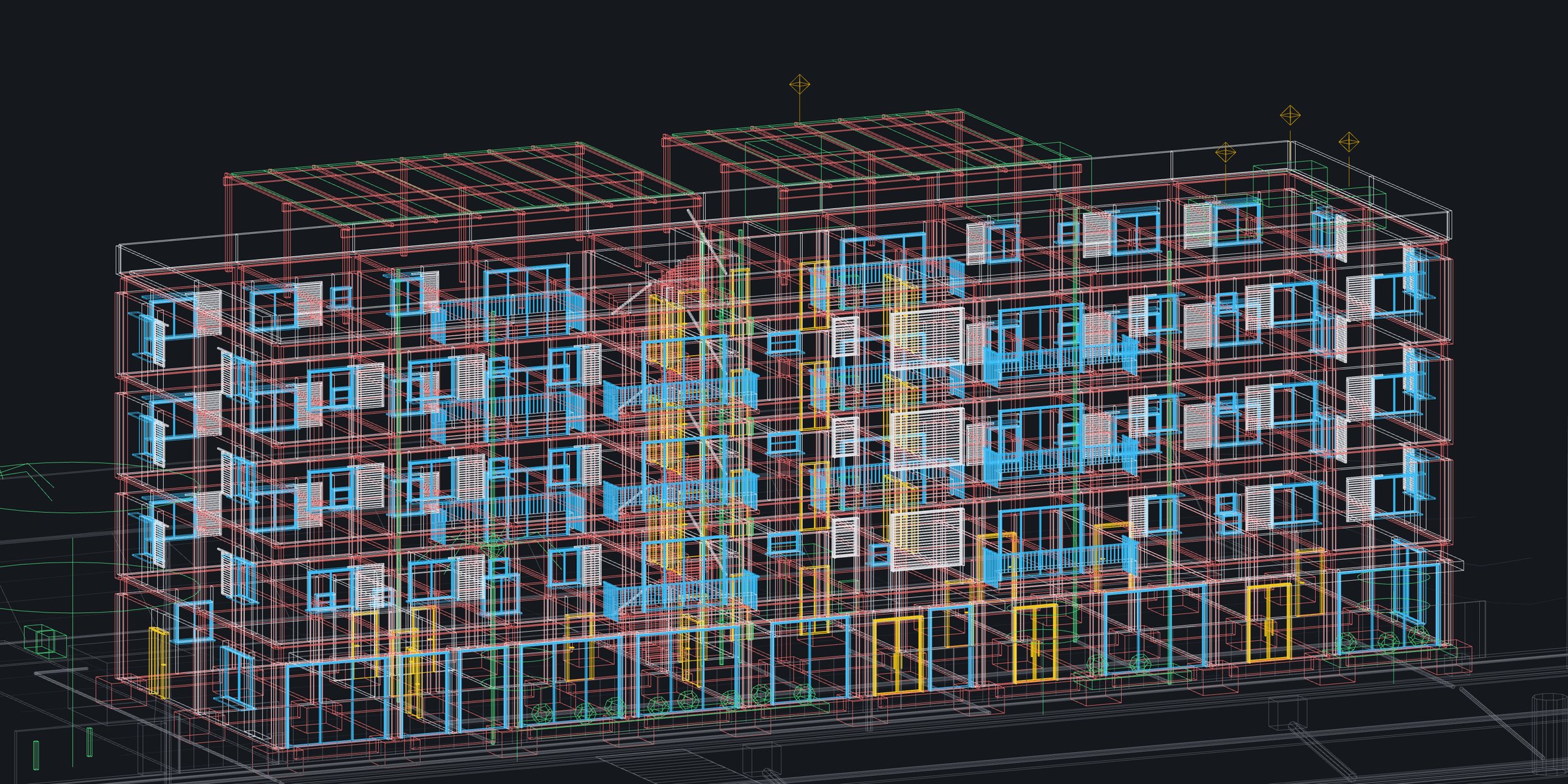 O prédio em CAD: só linhas coloridas por camada, sem informação sobre os elementos